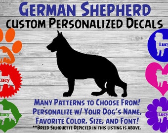 German Shepherd Personalized Dog Silhouette Vinyl Decal - Dog Sticker - Window Decal - Car Sticker – Dog Name Tumbler, Phone – Custom Decal