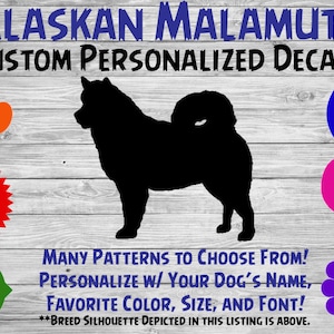 Alaskan Malamute Dog Personalized Silhouette Vinyl Decal - Dog Breed Decal-Car Window Decal-Pet Gift-Custom Pet Sticker - Dog Name Sticker