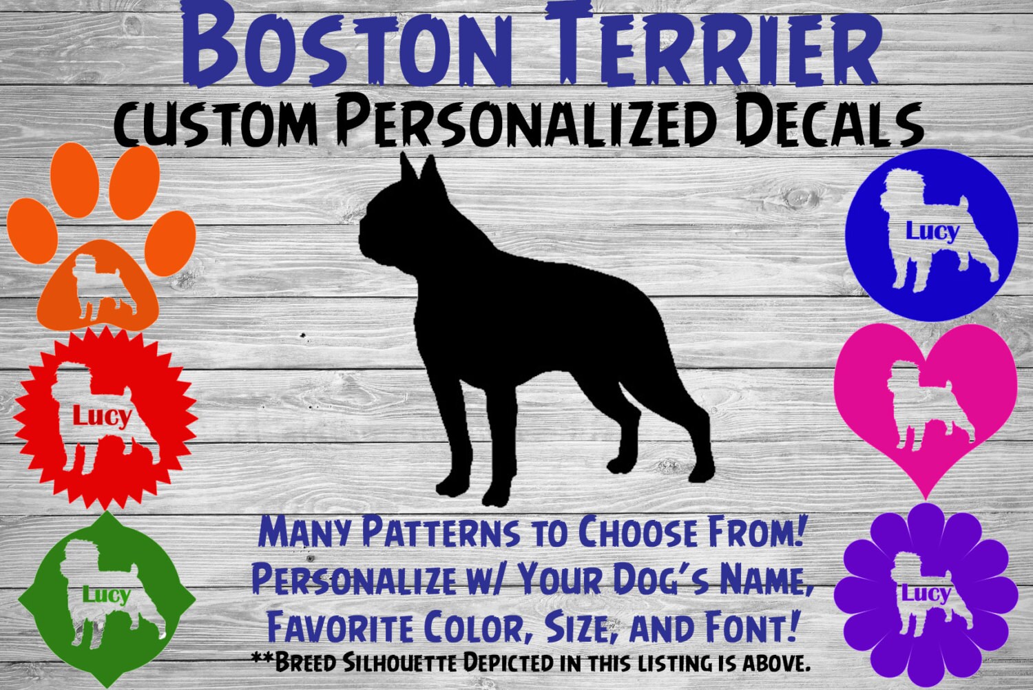 Boston Terrier Personalized Dog Silhouette Vinyl Decal - Dog Sticker - Window Decal - Car Sticker – Dog Name Tumbler, Phone Art Custom Decal