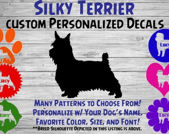 Silky Terrier Personalized Dog Silhouette Vinyl Decal - Dog Sticker - Window Decal - Car Sticker – Dog Name Tumbler, Phone Art Custom Decal