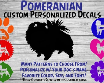 Pomeranian Personalized Dog Silhouette Vinyl Decal - Dog Sticker - Window Decal - Car Sticker – Dog Name Tumbler, Phone Art – Custom Decal