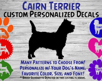 Cairn Terrier Personalized Dog Silhouette Vinyl Decal - Dog Sticker - Window Decal - Car Sticker – Name Tumbler, Phone - Custom Name Decal