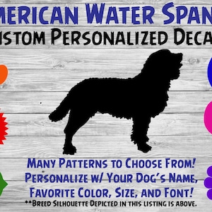American Water Spaniel Dog Personalized Silhouette Vinyl Decal - Dog Breed Decal-Car Window Decal-Gift-Custom Pet Sticker - Dog Name Sticker