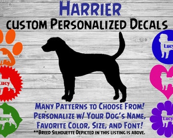 Harrier Personalized Dog Silhouette Vinyl Decal - Dog Sticker - Window Car Sticker – Yeti Tumbler, Phone - Custom Dog Name Decal