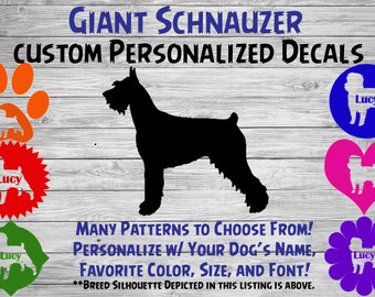 Giant Schnauzer Personalized Dog Silhouette Vinyl Decal - Dog Sticker - Window Car Sticker – Dog Name Tumbler, Phone - Custom Name Decal