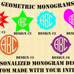 Op de afbeelding: Zes verschillende ontwerpen voor gepersonaliseerde monogram stickers. De ontwerpen omvatten een ster, een hart, een cirkel en een paar andere geometrische vormen. Elk ontwerp bevat de letters "ABC" in een cirkel binnen de vorm. De tekst "GEOMETRISCHE MONOGRAMMEN" staat bovenaan de afbeelding. De tekst "GEPERSONALISEERDE MONOGRAM STICKERS OP MAAT GEMAAKT MET UW INITIALEN" staat onderaan de afbeelding.