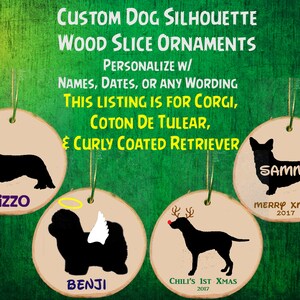 Ornamento de fatia de madeira para cachorro personalizado, anjo, rena, memorial, natal, corgi, algodão de tulear, retriever revestido encaracolado