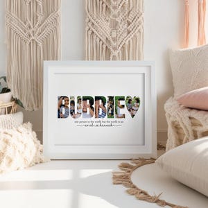 May include: A white framed print featuring the word BUBBIE in large block letters, with each letter filled with a different photograph of children. Below the word, the text reads one person to the world but the world to us, followed by ariel & hannah.