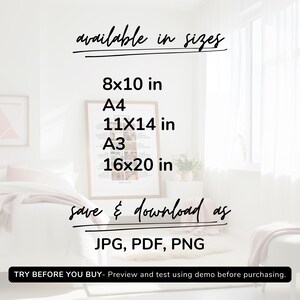 May include: A framed print with the text "available in sizes" and size options: 8x10 in, A4, 11x14 in, A3, and 16x20 in. The image also states "save & download as JPG, PDF, PNG".