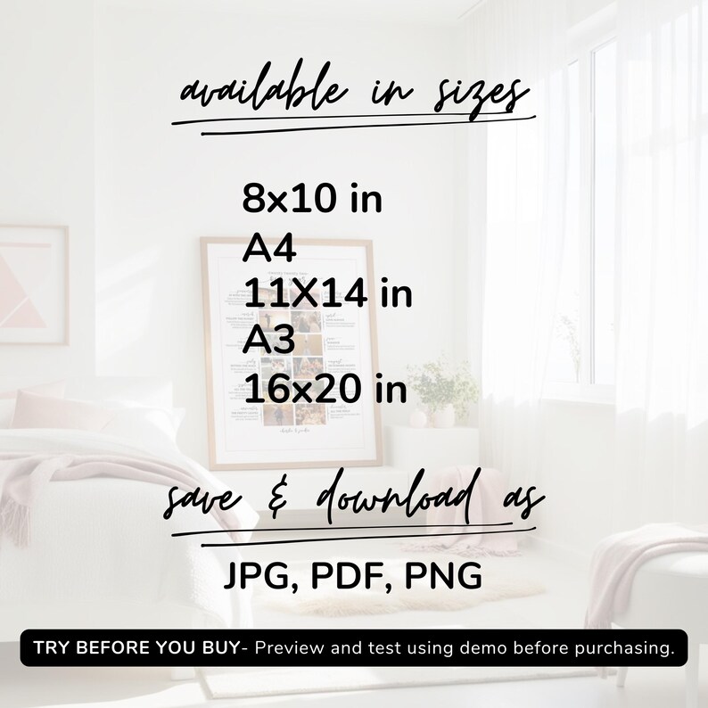 May include: A framed print with the text "available in sizes" and size options: 8x10 in, A4, 11x14 in, A3, and 16x20 in. The image also states "save & download as JPG, PDF, PNG".