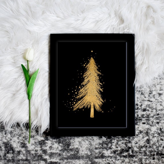 Printable Black and Gold Christmas Tree Art Gold Holiday | Etsy