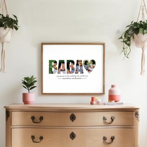 May include: A framed print with the word "BABA" in a stylized font, with photos integrated into the letters. The print includes the text "one person to the world but the world to us" and the names "aurora & diana" below.