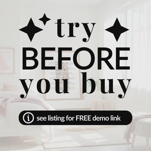 Puede incluir: Texto negro sobre fondo blanco que dice "try BEFORE you buy" con formas de estrella. Un banner debajo dice "see listing for FREE demo link". La imagen est&aacute; en una habitaci&oacute;n luminosa con una cama y un cuadro enmarcado.