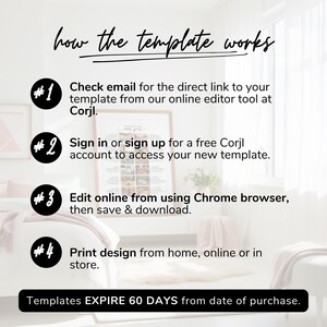 Puede incluir: Gr&aacute;fico que explica c&oacute;mo funciona una plantilla, con pasos numerados: revisar el correo electr&oacute;nico, registrarse, editar en l&iacute;nea e imprimir. Tambi&eacute;n se incluye el texto "Templates EXPIRE 60 DAYS from date of purchase".