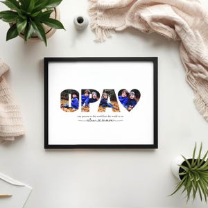 Puede incluir: Impresi&oacute;n enmarcada en negro con la palabra "OPA" formada por fotos de ni&ntilde;os. Un coraz&oacute;n con una foto sigue a la palabra. La impresi&oacute;n incluye el texto "one person to the world but the world to us" y nombres.