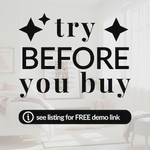 May include: Black text on a white background reads "try BEFORE you buy" with star shapes. A banner below says "see listing for FREE demo link". The image is in a bright, airy room with a bed and a framed picture.