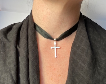 Silver Simple Gothic Cross Pendant and Black Silk Neck Ribbon Choker 18th Century Colonial Historical Style