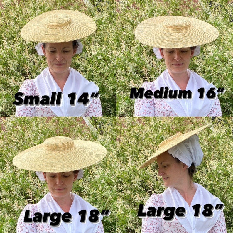 K&ouml;nnte beinhalten: Vier Strohh&uuml;te in verschiedenen Gr&ouml;&szlig;en werden vor einem Hintergrund aus gr&uuml;nem Laub gezeigt. Die Gr&ouml;&szlig;en sind mit "Klein 35.5 cm", "Mittel 40.6 cm" und "Gro&szlig; 45.7 cm" beschriftet. Die H&uuml;te haben eine breite Krempe und eine runde Krone.