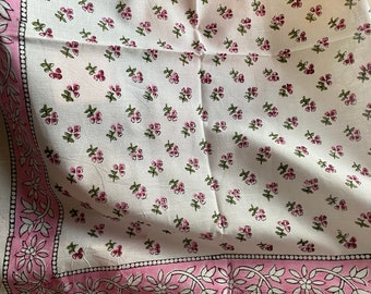 Exclusive Extra Large Pink Flowers Print Square Bordered Block Printed Kerchiefs