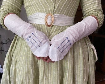 Design Your Own Fully Hand Stitched Ladies Linen Fingerless Mitts With Printed Cotton Lined Points And Hand Embroidery 18th Century Colonial