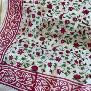 Exclusive Extra Large Bright Red Flowers and Vines Print Square Bordered Block Printed Kerchiefs