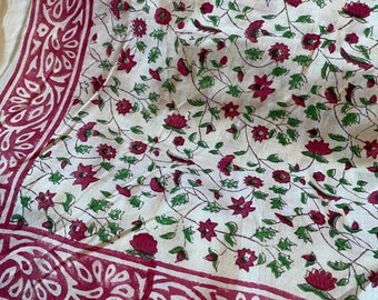 Exclusive Extra Large Bright Red Flowers and Vines Print Square Bordered Block Printed Kerchiefs