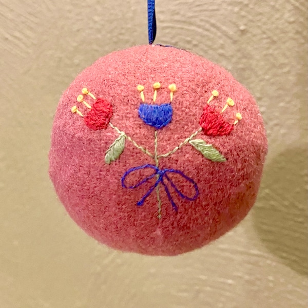 Handmade Embroidered Wool Hanging Pincushion 18th Century Style Pin Ball