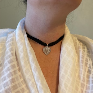 Sterling Silver Filigree Heart Pendant and Black Silk Neck Ribbon Choker 18th Century Colonial Historical Style
