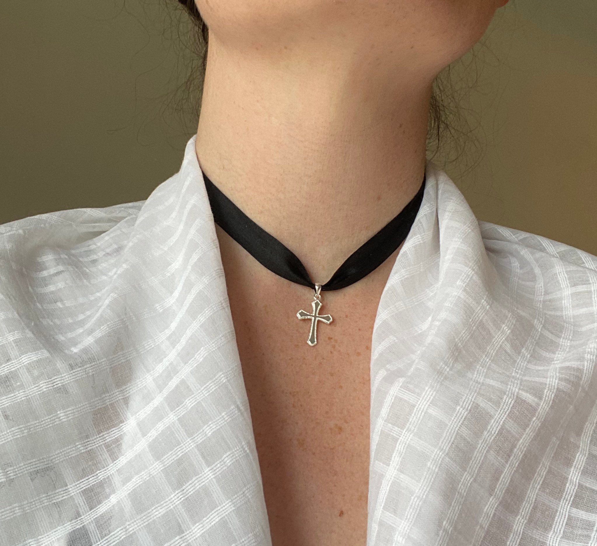 Silver Simple Cross Pendant and Black Silk Neck Ribbon Choker 18th