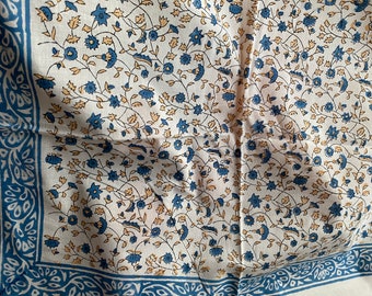 Exclusive Extra Large Indigo Blue Flowers and Vines Print Square Bordered Block Printed Kerchiefs