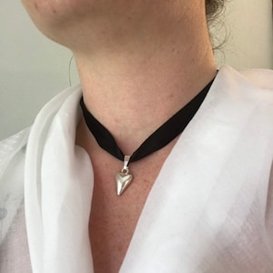 Small Sterling Silver Heart Pendant and Black Silk Neck Ribbon Choker 18th Century Colonial Historical Style