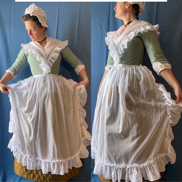 Ladies Fine Cotton Voile Ruffled Half Apron 18th Century Colonial Historical Style
