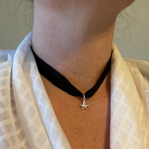 Small Sterling Silver Star Pendant and Black Silk Neck Ribbon Choker 18th Century Colonial Historical Style