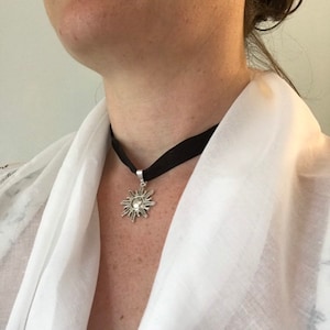 Silver Sunburst Pendant and Black Silk Neck Ribbon Choker 18th Century Colonial Historical Style