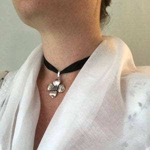 Silver Dogwood Blossom and Black Silk Neck Ribbon Choker 18th Century Colonial Historical Style
