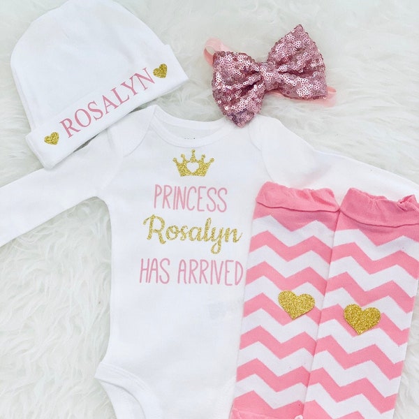 personalized newborn girl coming home outfit, princess has arrived, baby girl take home outfit, baby shower gift, hospital outfit, bodysuit