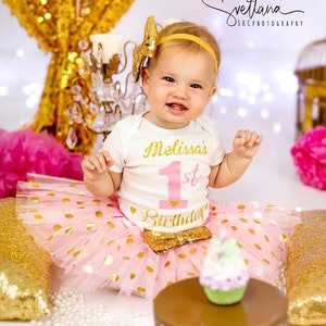First Birthday Outfit, Personalized 1st Birthday Outfit, Pink and Gold Cake Smash Outfit, 1st birthday Outfit Girl Birthday