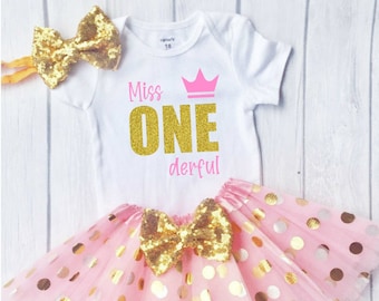Miss ONEderful Outfit, Personalized 1st Birthday Outfit, Pink and Gold Cake Smash Outfit, 1st birthday Outfit Girl Birthday