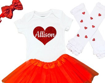 Personalized valentines day shirt with glitter heart, Toddler Girl Valentine Day dress , Baby Girl Monogram Valentine Tutu Outfit