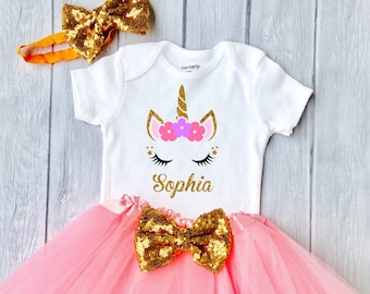 Unicorn birthday outfit, Unicorn Shirt, Pink and gold tutu, Unicorn 1st birthday ,1st birthday Baby girl 1st birthday outfit, Personalized
