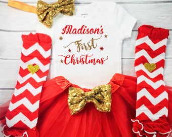 Baby Girl First Christmas outfit, 1st christmas outfit, red gold christmas outfit, Christmas tutu outfit, Christmas dress, red tutu
