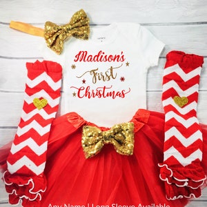 Baby Girl First Christmas outfit, 1st christmas outfit, red gold christmas outfit, Christmas tutu outfit, Christmas dress, red tutu image 1
