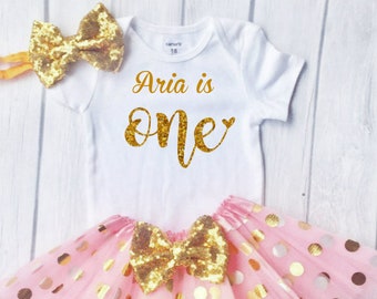 1st Birthday Girl Outfit, First Birthday girl dress, Gold One Birthday, Pink and Gold 1st Birthday, cake smash outfit , 1st birthday gift