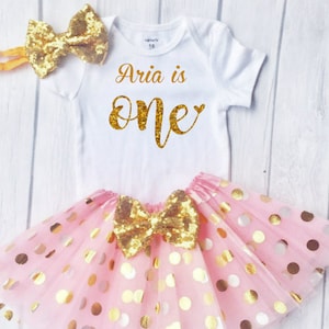 1st Birthday Girl Outfit, First Birthday girl dress, Gold One Birthday, Pink and Gold 1st Birthday, cake smash outfit , 1st birthday gift
