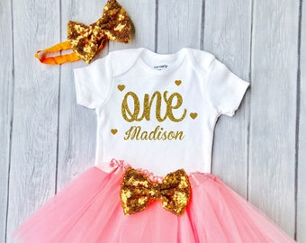First Birthday outfit, 1st birthday outfit, Girl First Birthday Outfit, Pink and gold birthday outfit, Cake Smash Outfit, One Cake Topper