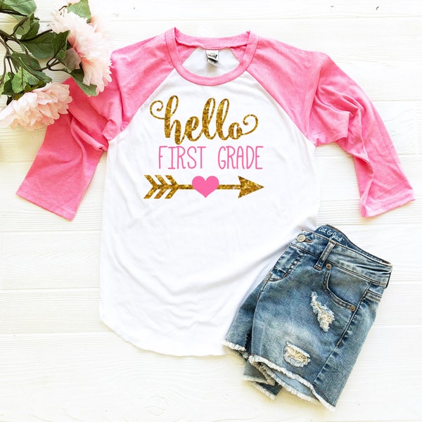 Hello 1st grade shirt first day of school shirt back to school outfit back to school t-shirt Pink white raglan Personalized