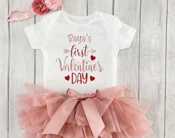 My First Valentines Day Outfit for Baby Girl First Valentine Dress Personalized Newborn Valentine Bodysuit