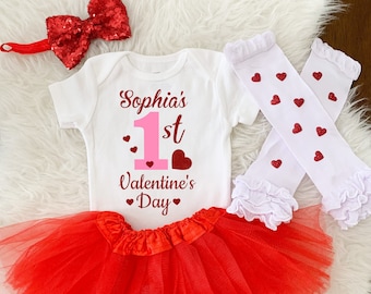 My First Valentines Day Baby Girl Outfit Infant 1st Valentine&#39;s Day dress red tutu Personalized with Name Newborn gift