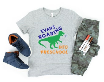 Roaring into Preschool, Boys Preschool Shirt, Boys Back to School Shirt, First Day of Preschool Shirt, Personalized