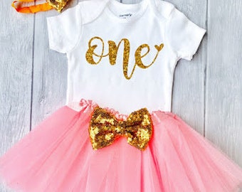 First birthday outfit girl, 1st birthday outfit Baby Girl First Birthday Outfit Pink and Gold Birthday, Cake Smash Outfit, One Cake Topper